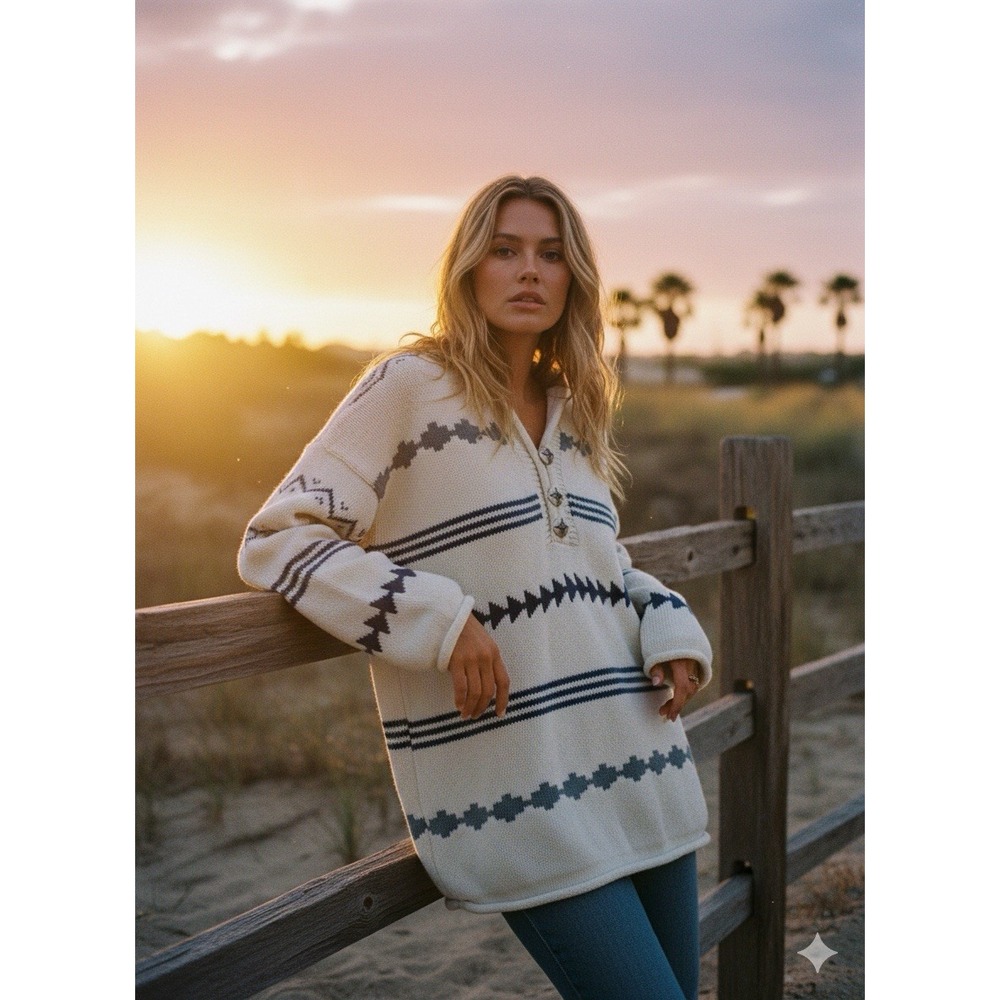 Vtg‎ 90s FREDERICKS Knit Sweater Southwestern Concho Button Coastal Cowgirl L/XL